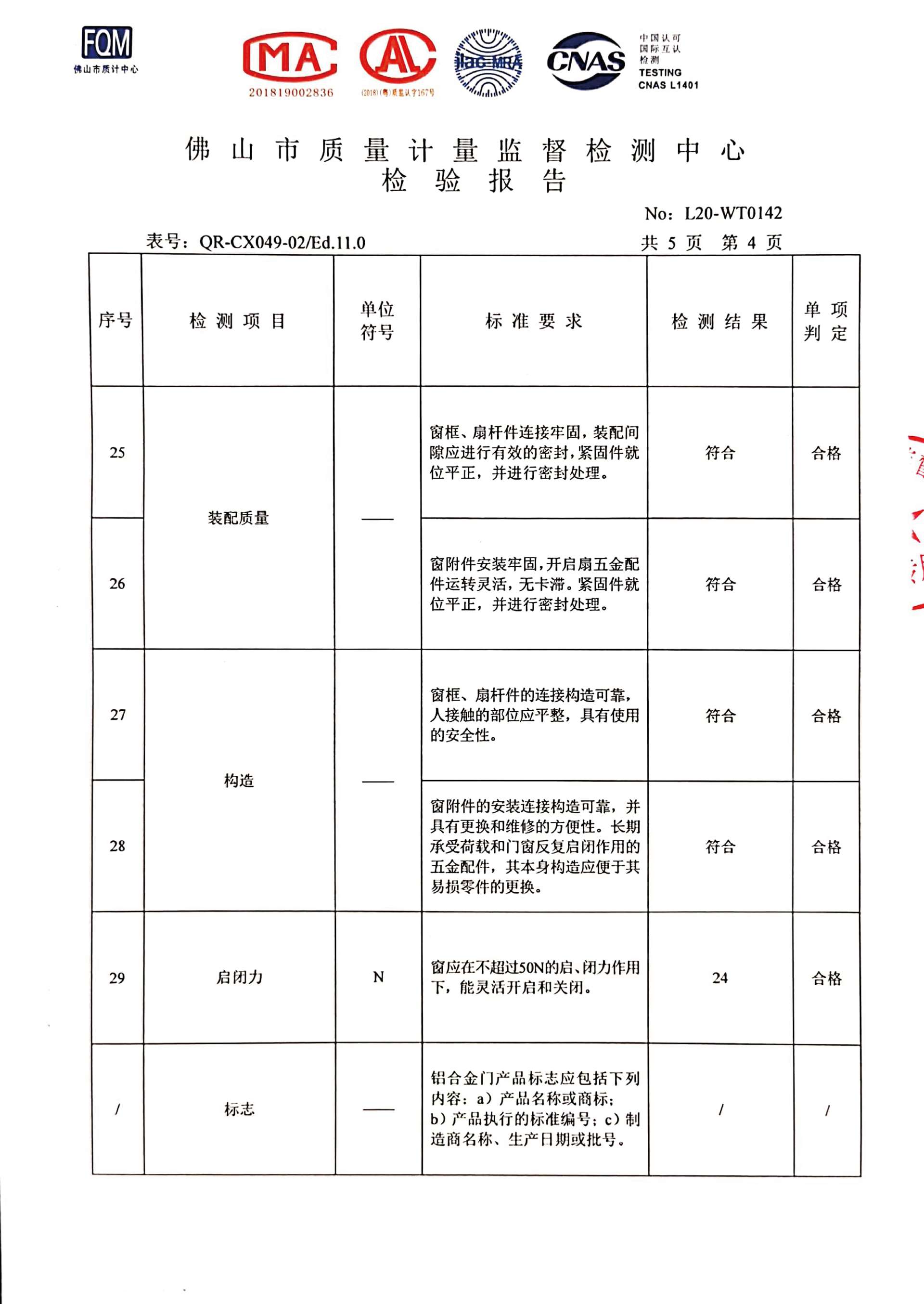 兆派门窗铝合金平开窗检测报告-5